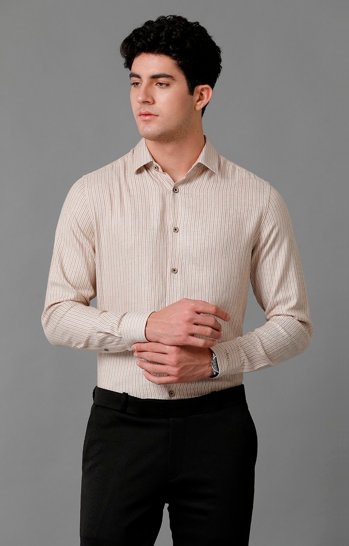 Aldeno | Men's Beige Linen Blend Textured Formal Shirt