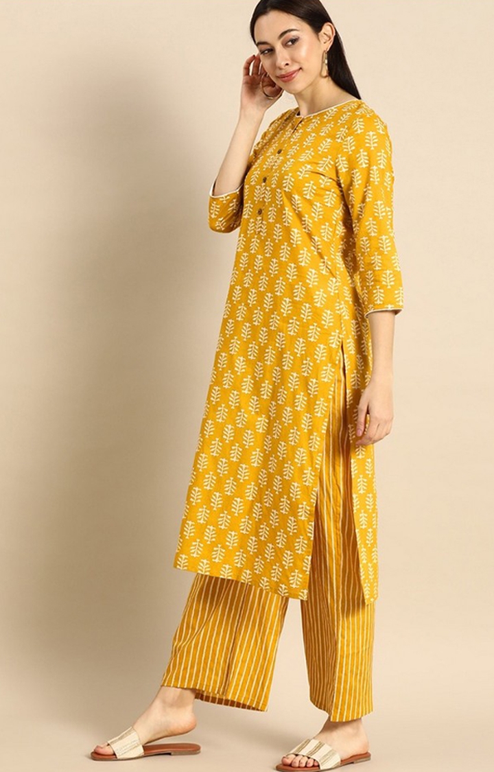 GoSriKi | Women's Cotton Yellow Printed Kurta with Palazzo 1