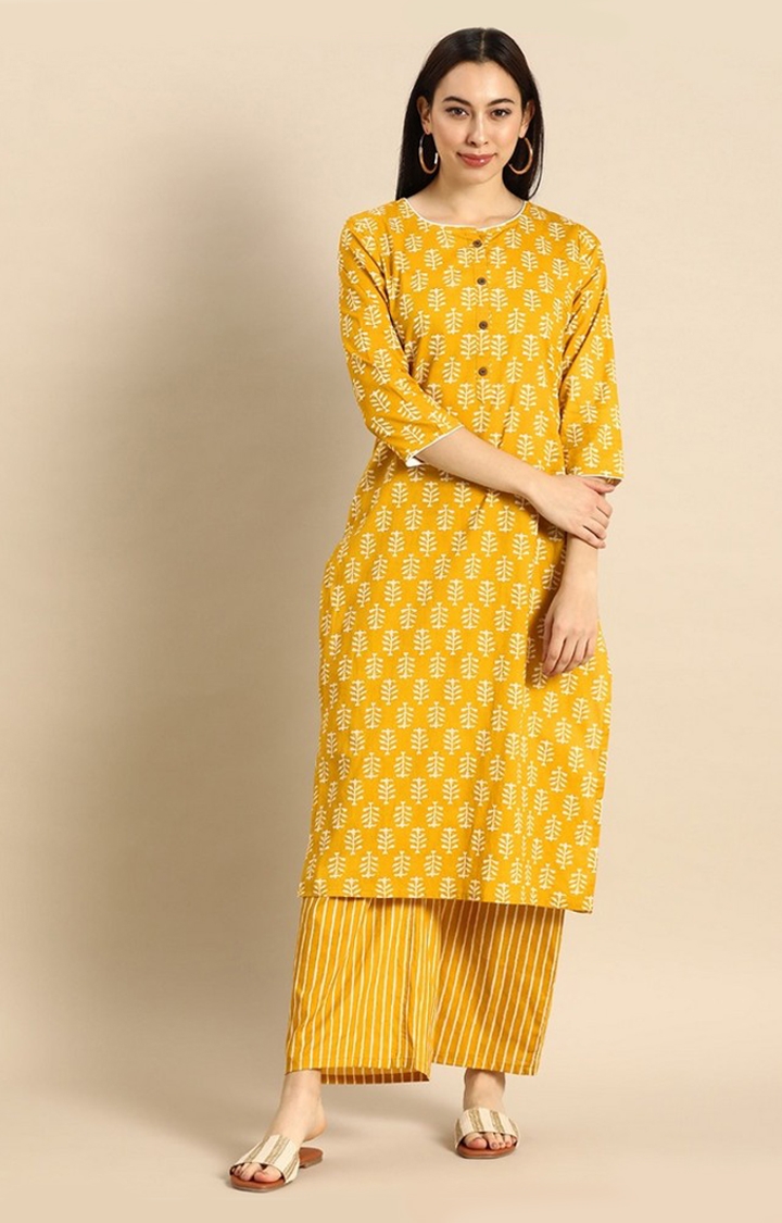 GoSriKi | Women's Cotton Yellow Printed Kurta with Palazzo 2