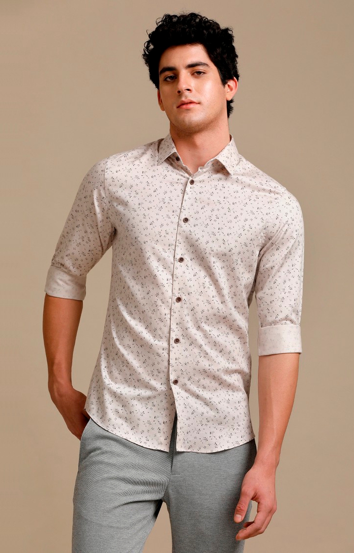 Men's Cream Cotton Printed Casual Shirt