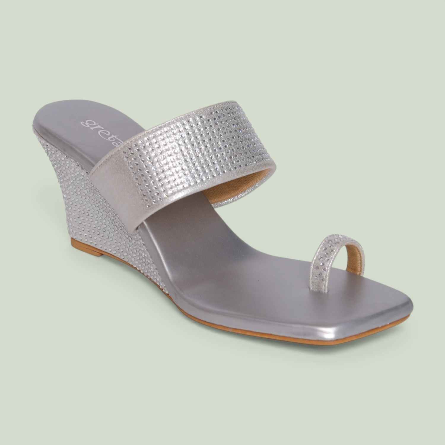 Elegant Silver Studded Toe-Ring Wedge Sandals