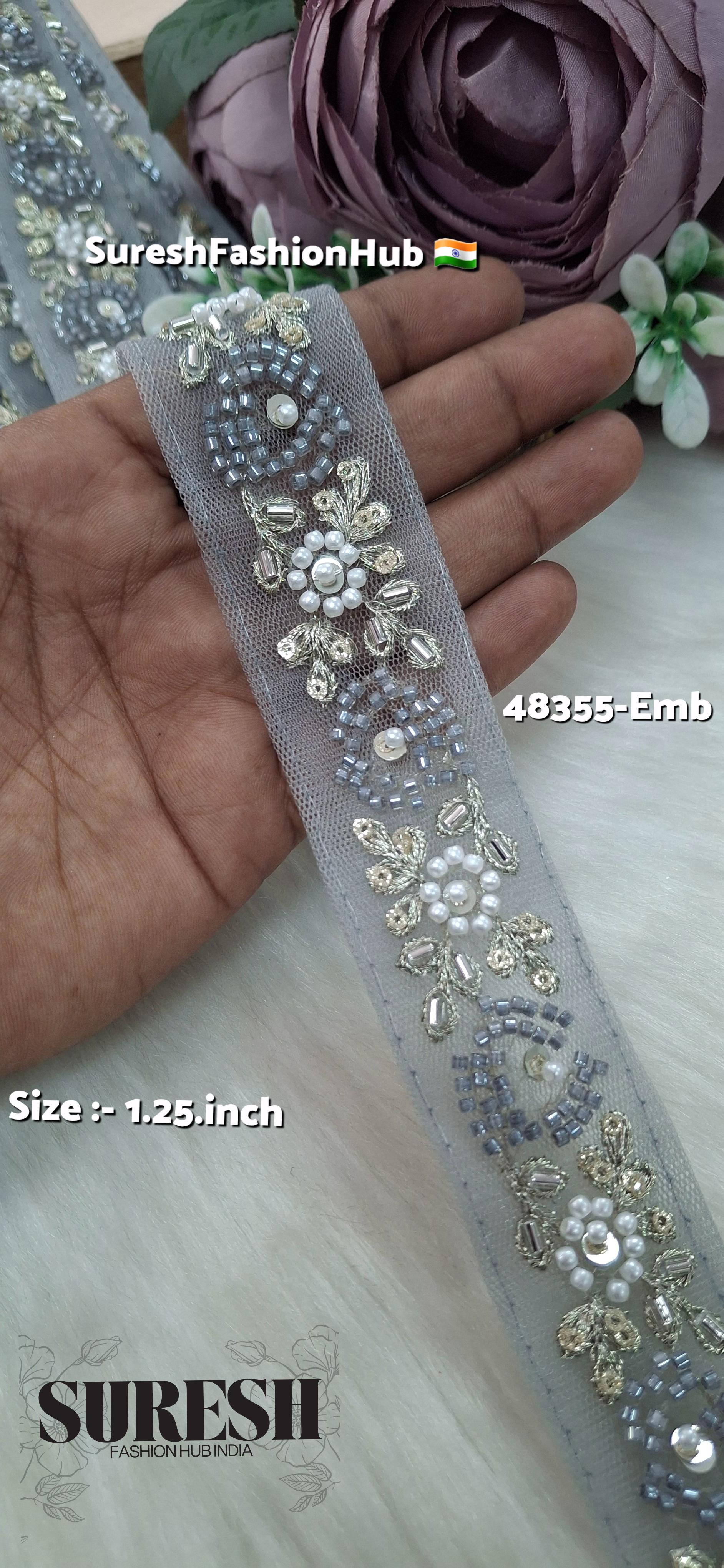 Grey Beaded Bloom Net Embroidered Lace