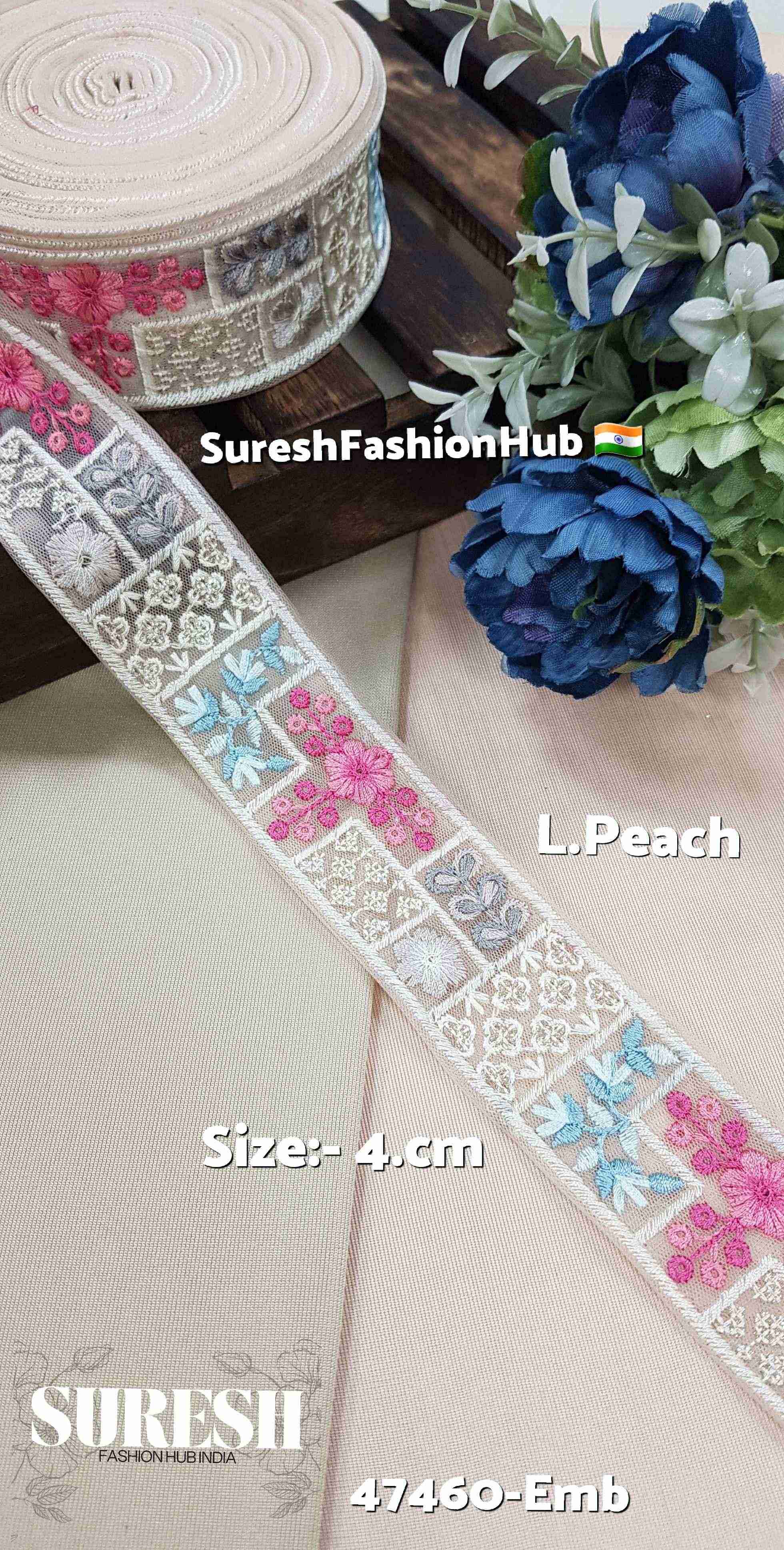 Light Peach Embroidered Floral Net Lace