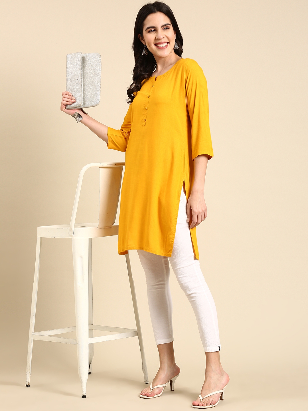 Showoff | SHOWOFF Women's Above Knee Solid Straight Yellow Kurti 5