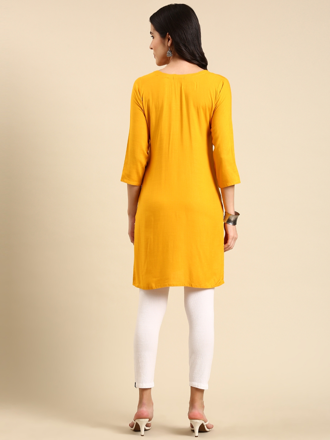 Showoff | SHOWOFF Women's Above Knee Solid Straight Yellow Kurti 4