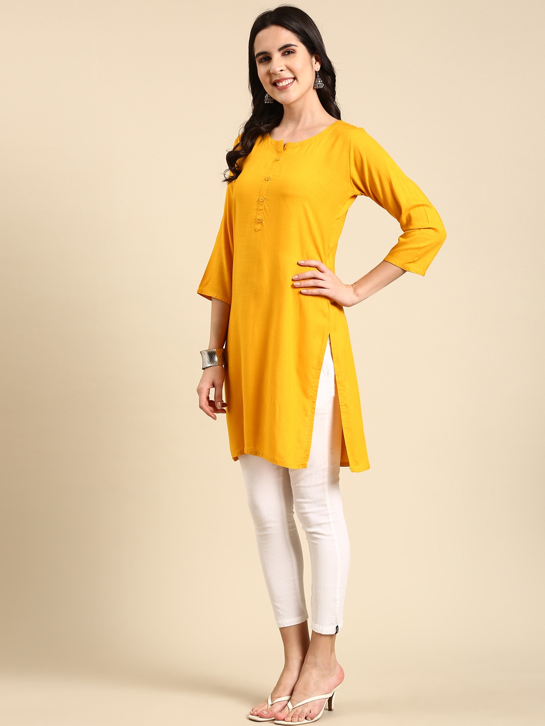 Showoff | SHOWOFF Women's Above Knee Solid Straight Yellow Kurti 3
