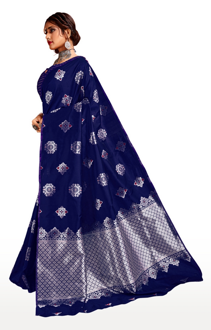 Glemora | Glemora Navy Blue Lichi Silk Bhagyashree Saree With Unstitched Blouse 1
