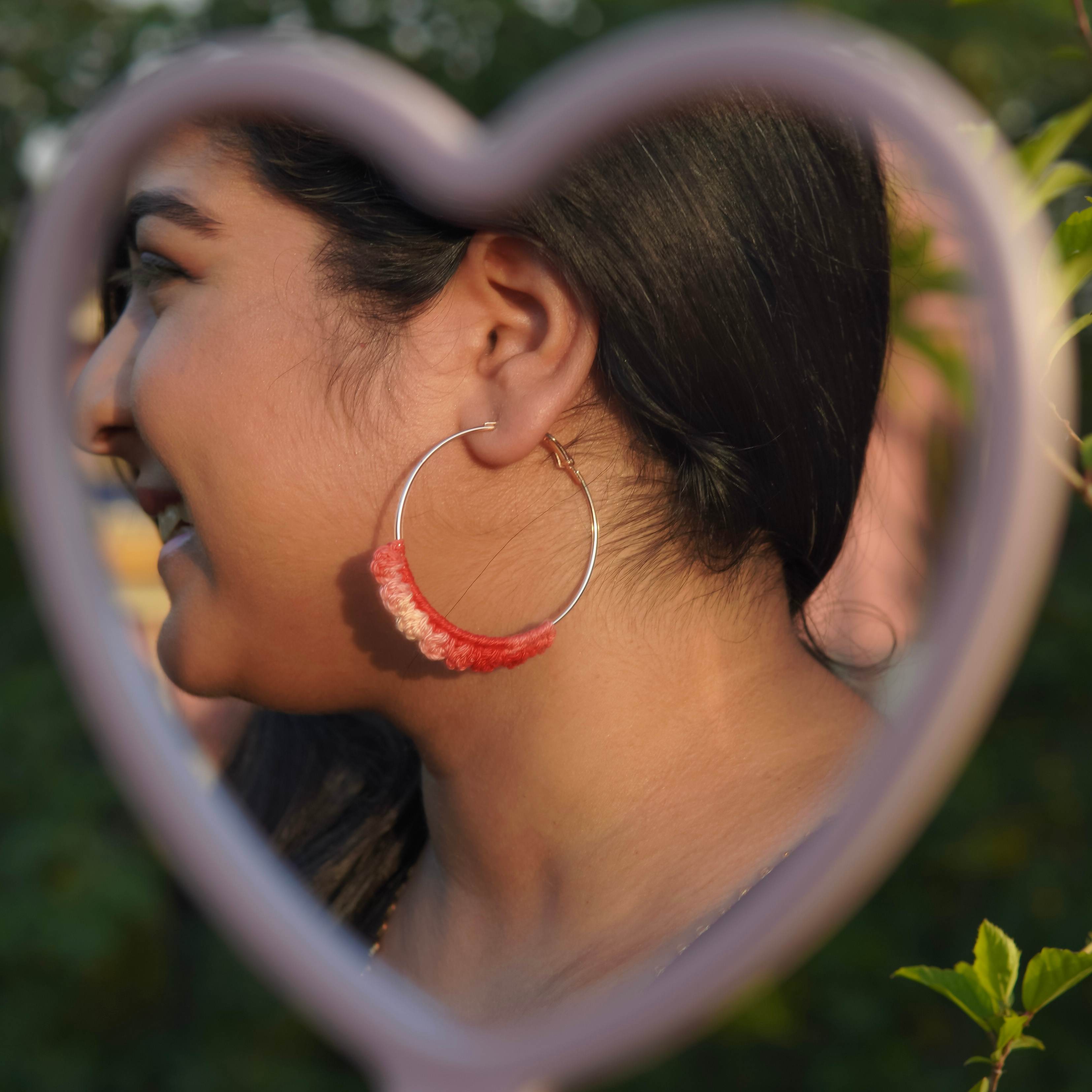  Model wearing the Dual-Shade Crochet Nazakat Hoops by AHG. Perfect for everyday style! 
