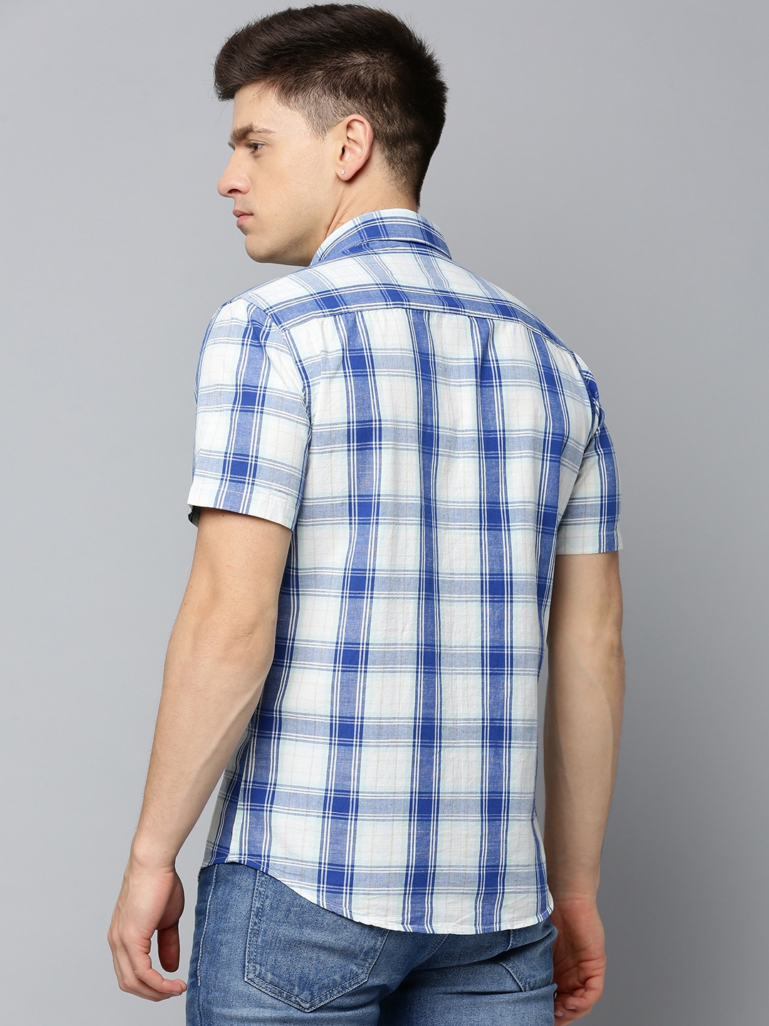 Showoff | SHOWOFF Men's Spread Collar Checked Blue Regular Fit Shirt 3