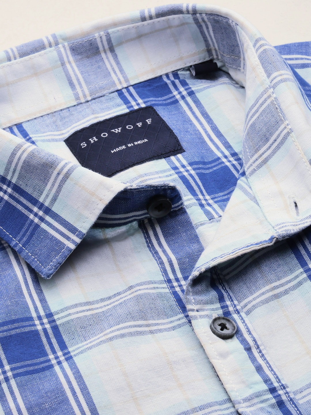 Showoff | SHOWOFF Men's Spread Collar Checked Blue Regular Fit Shirt 6