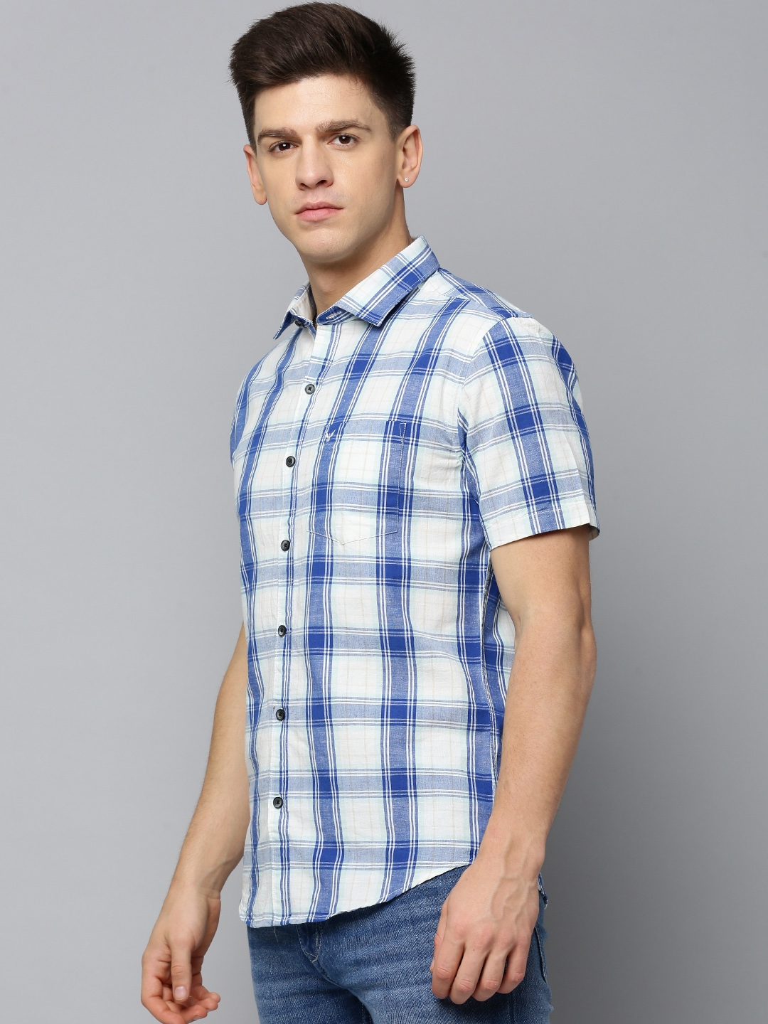 Showoff | SHOWOFF Men's Spread Collar Checked Blue Regular Fit Shirt 2