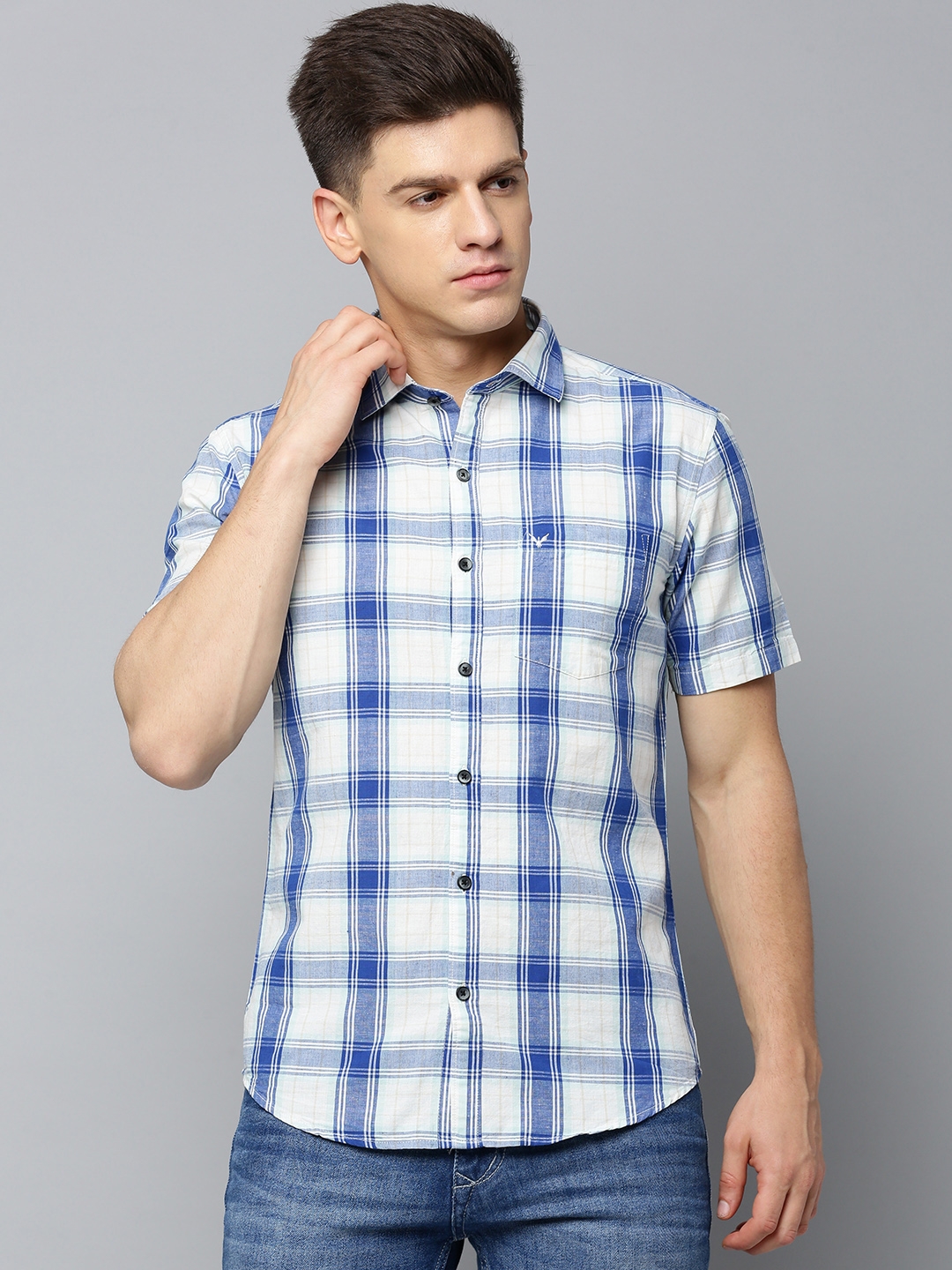 Showoff | SHOWOFF Men's Spread Collar Checked Blue Regular Fit Shirt 1