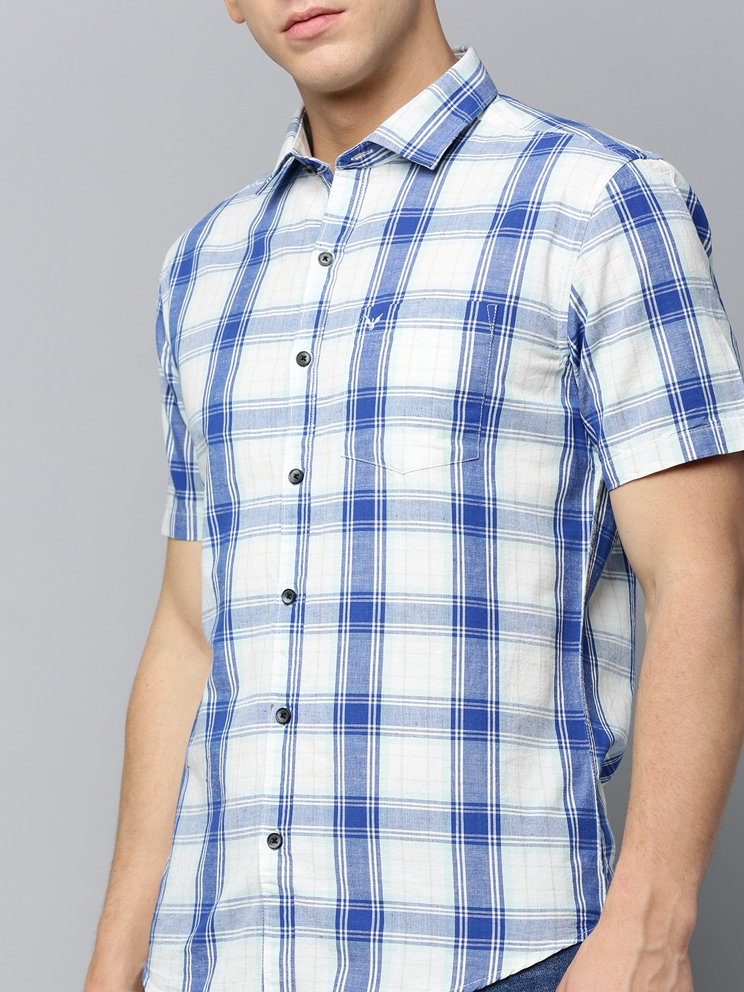 Showoff | SHOWOFF Men's Spread Collar Checked Blue Regular Fit Shirt 5
