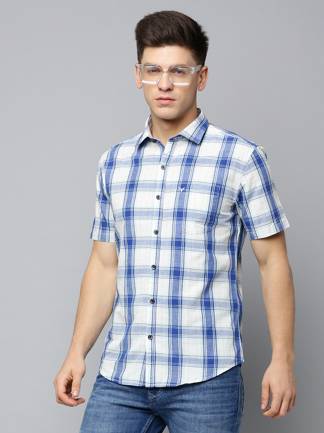 Showoff | SHOWOFF Men's Spread Collar Checked Blue Regular Fit Shirt 0
