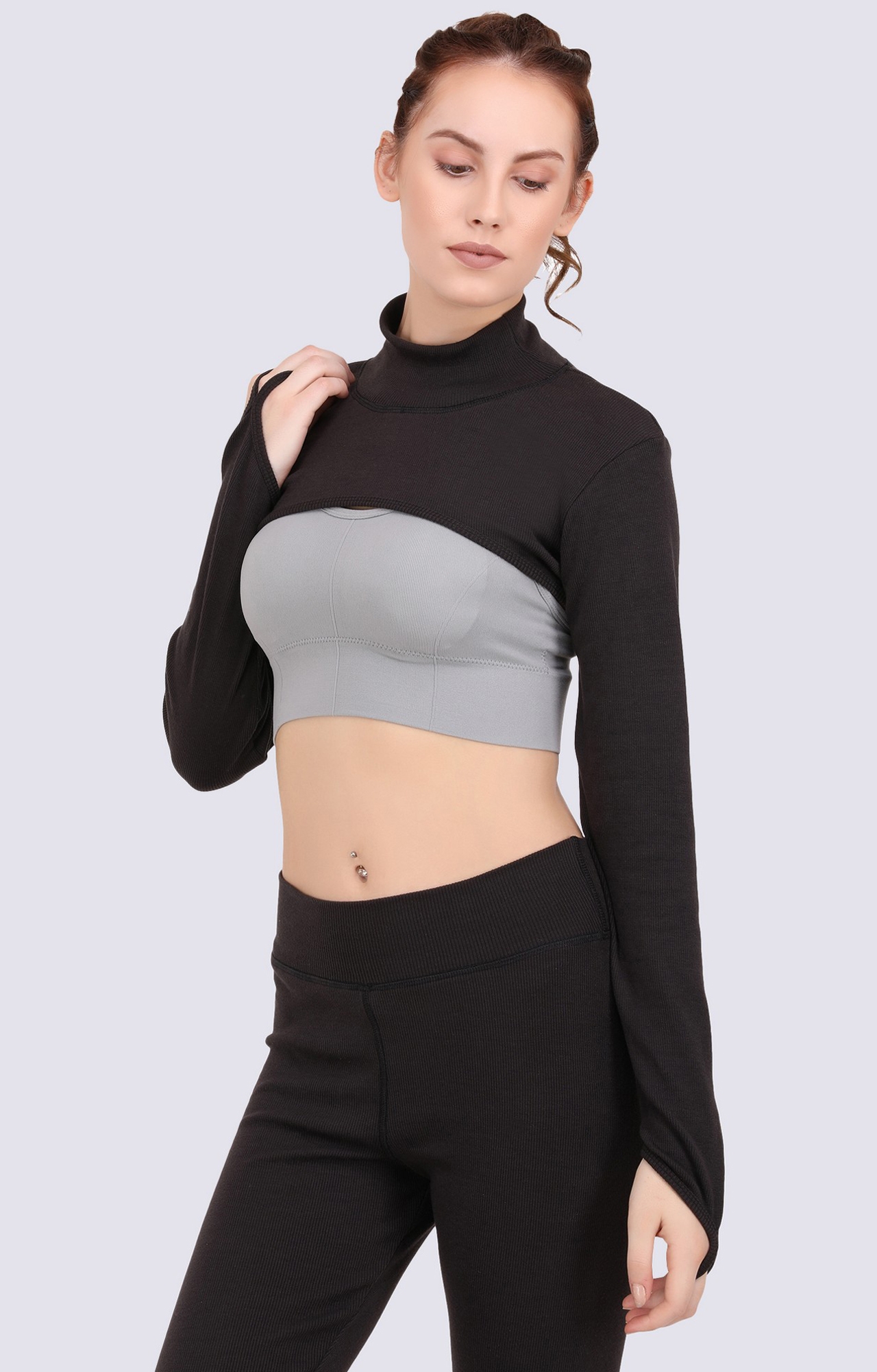 EVERDION | Black Solid Ribbed Arm Cover Crop Top 3