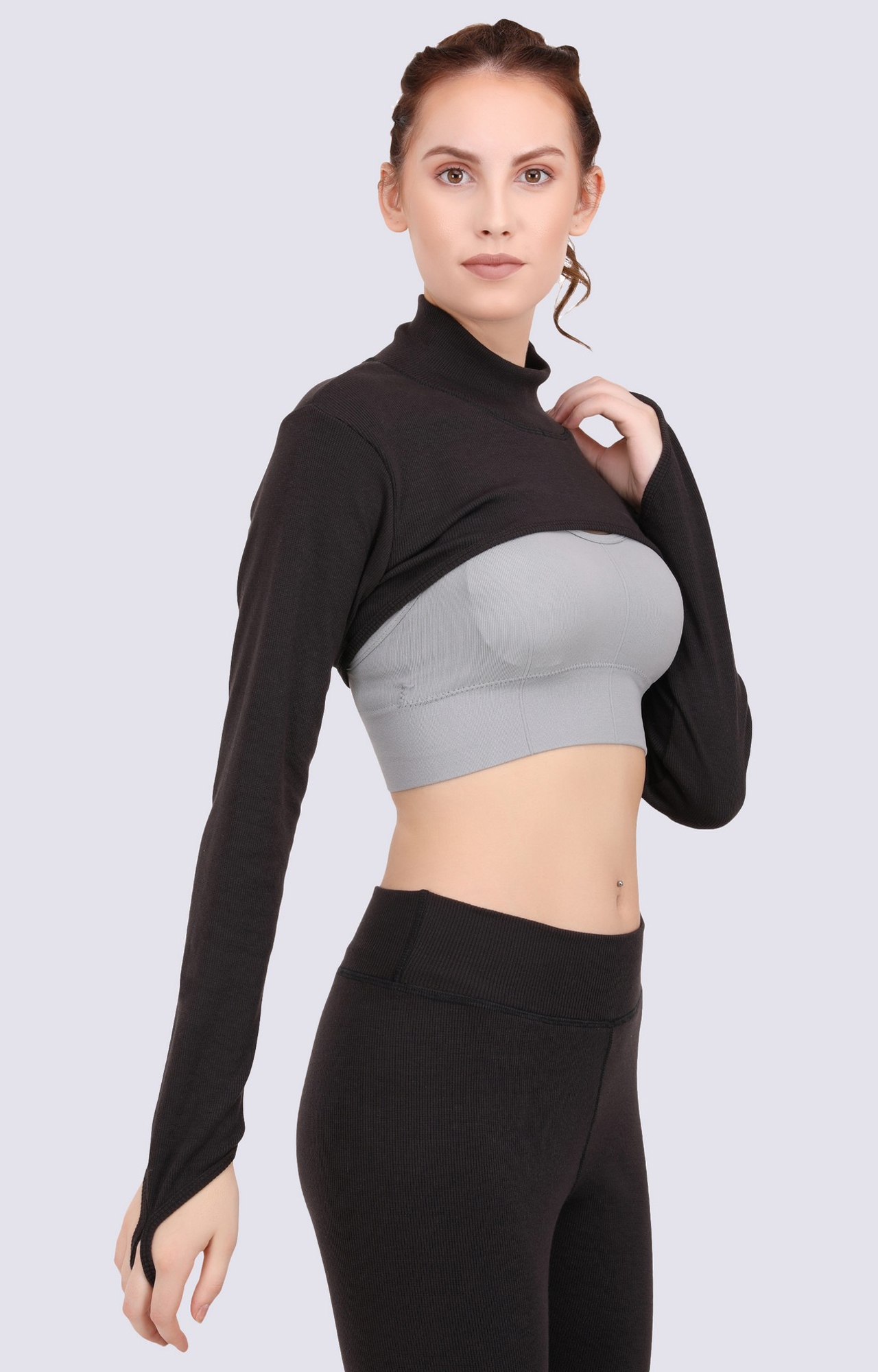 EVERDION | Black Solid Ribbed Arm Cover Crop Top 2