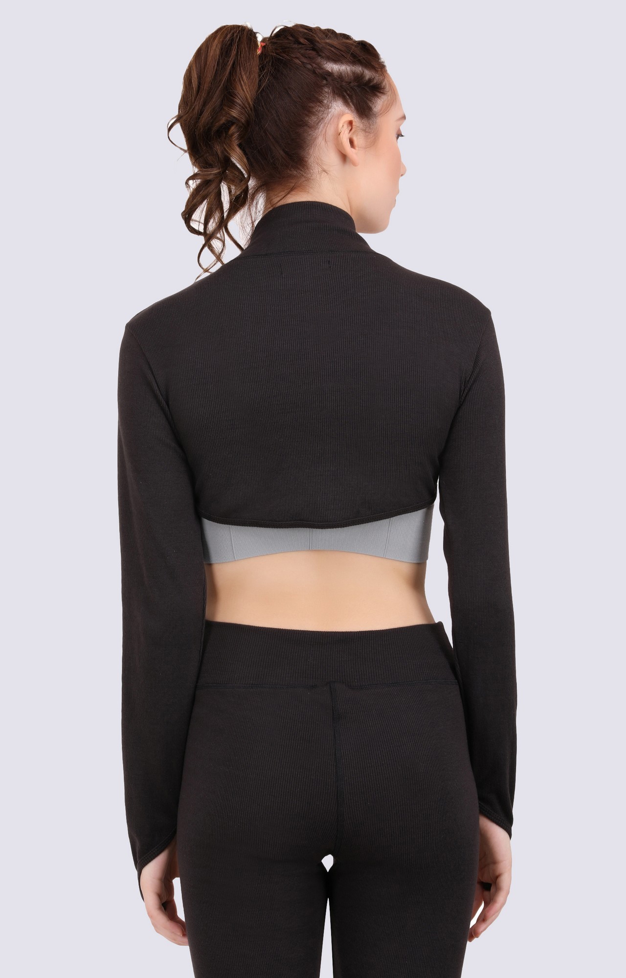 EVERDION | Black Solid Ribbed Arm Cover Crop Top 4