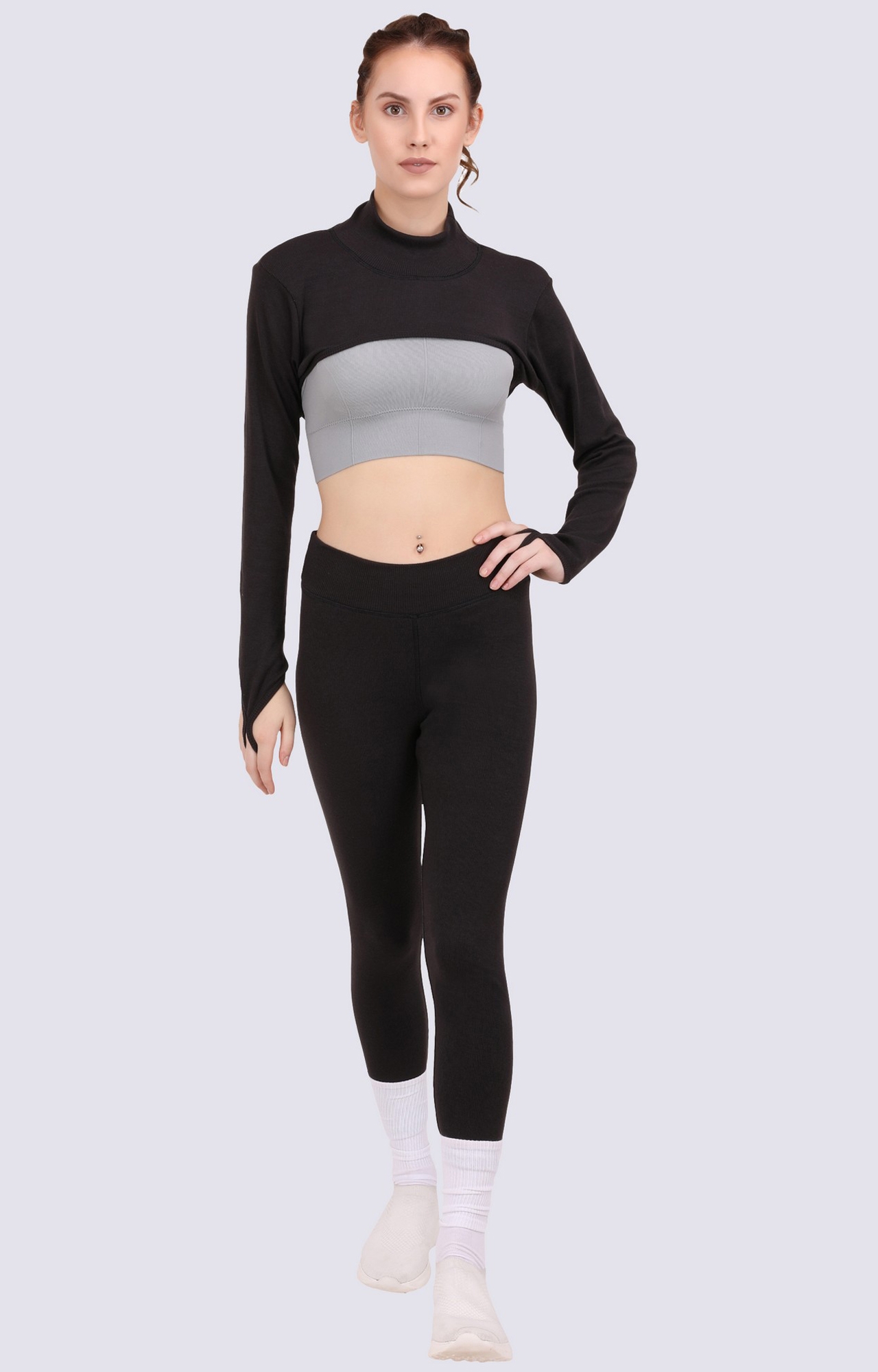 EVERDION | Black Solid Ribbed Arm Cover Crop Top 1