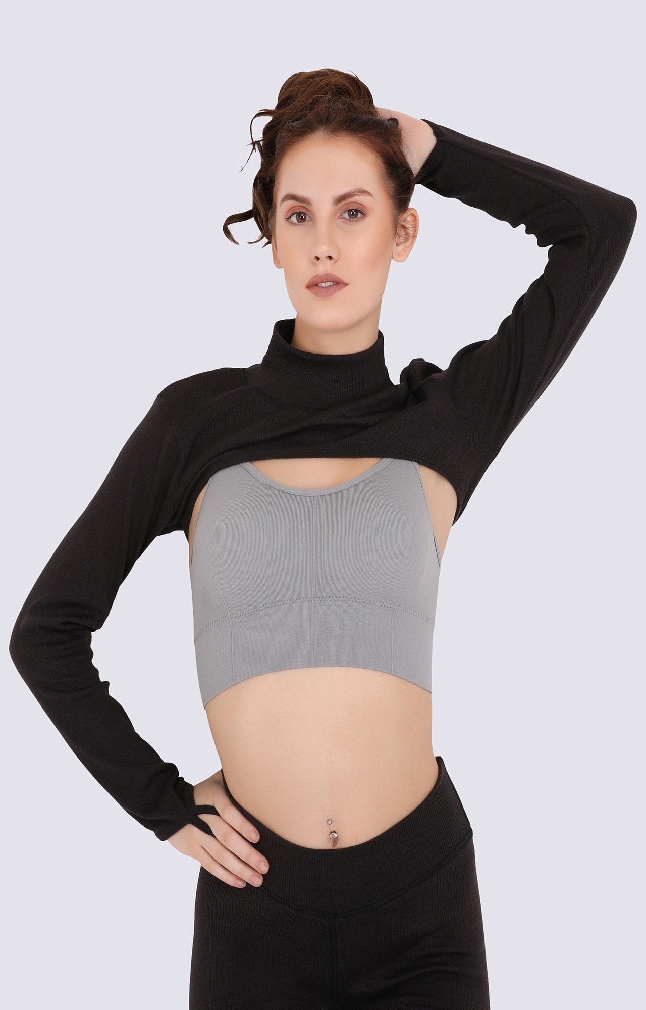 EVERDION | Black Solid Ribbed Arm Cover Crop Top 0