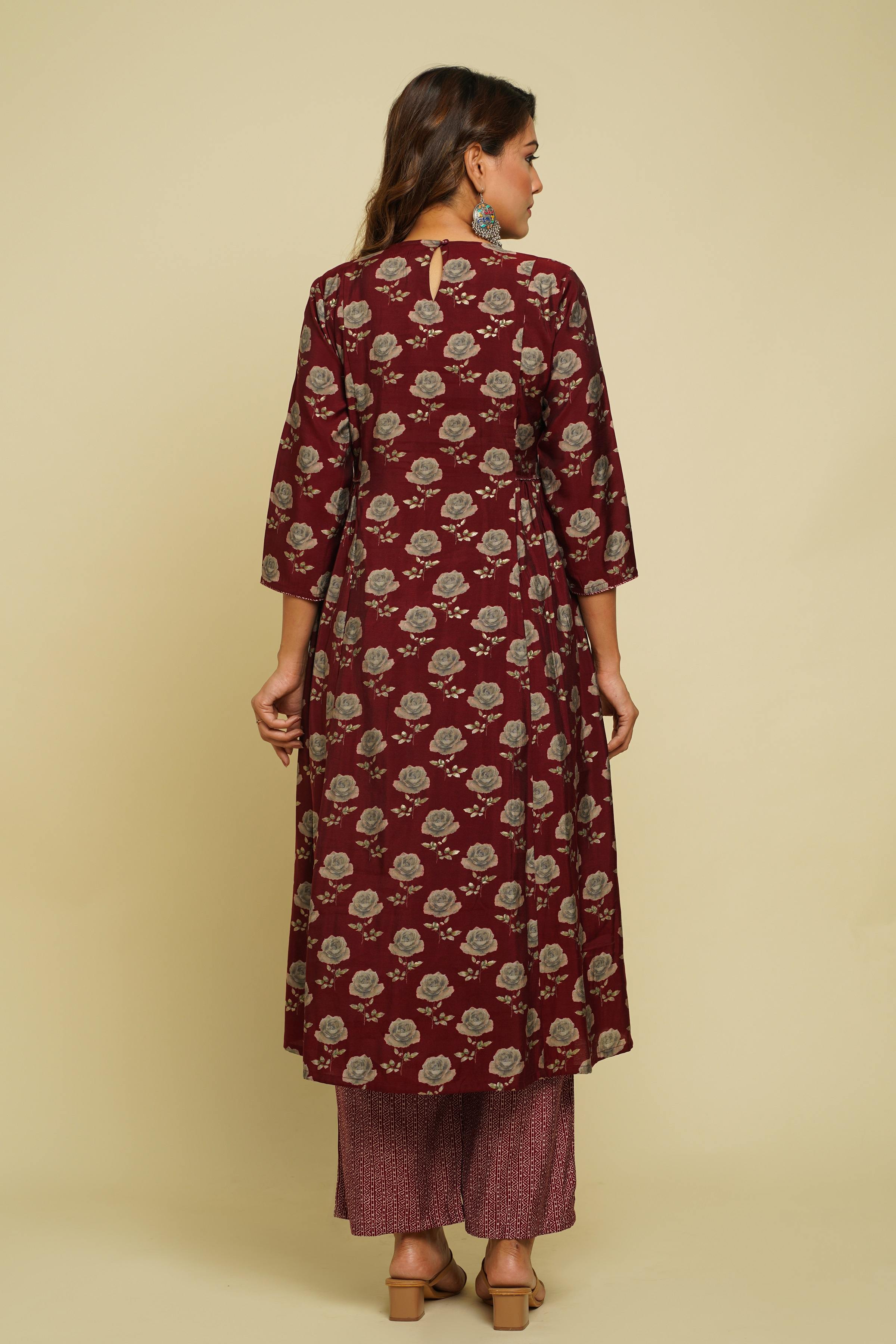 MAROON PRINTED ROUND NECK KURTA WITH PANT