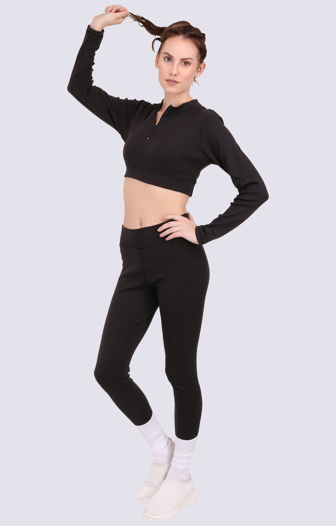 Black Rib Front Zip Crop Top