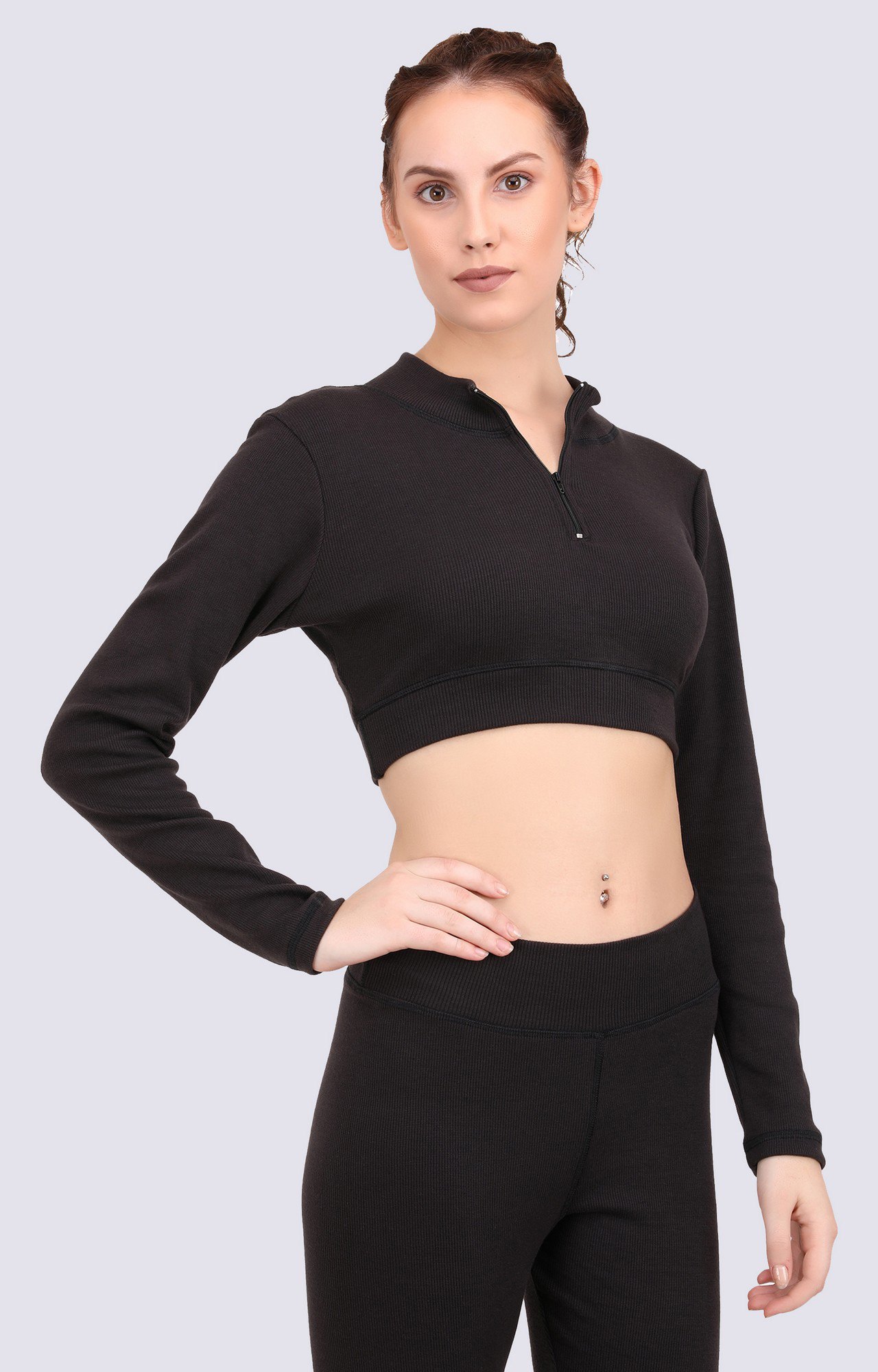 Black Rib Front Zip Crop Top