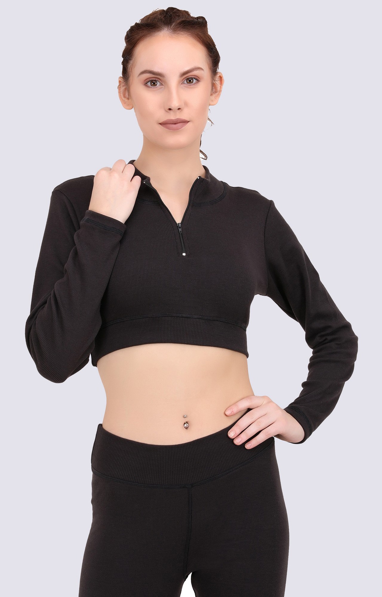 Black Rib Front Zip Crop Top