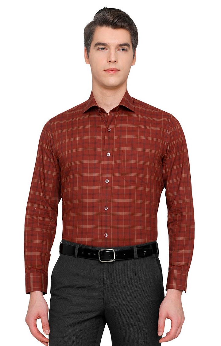 JadeBlue | LE117/1, BROWN GOLD CHEX (SFT) Men's Red Cotton Checked Formal Shirts 0