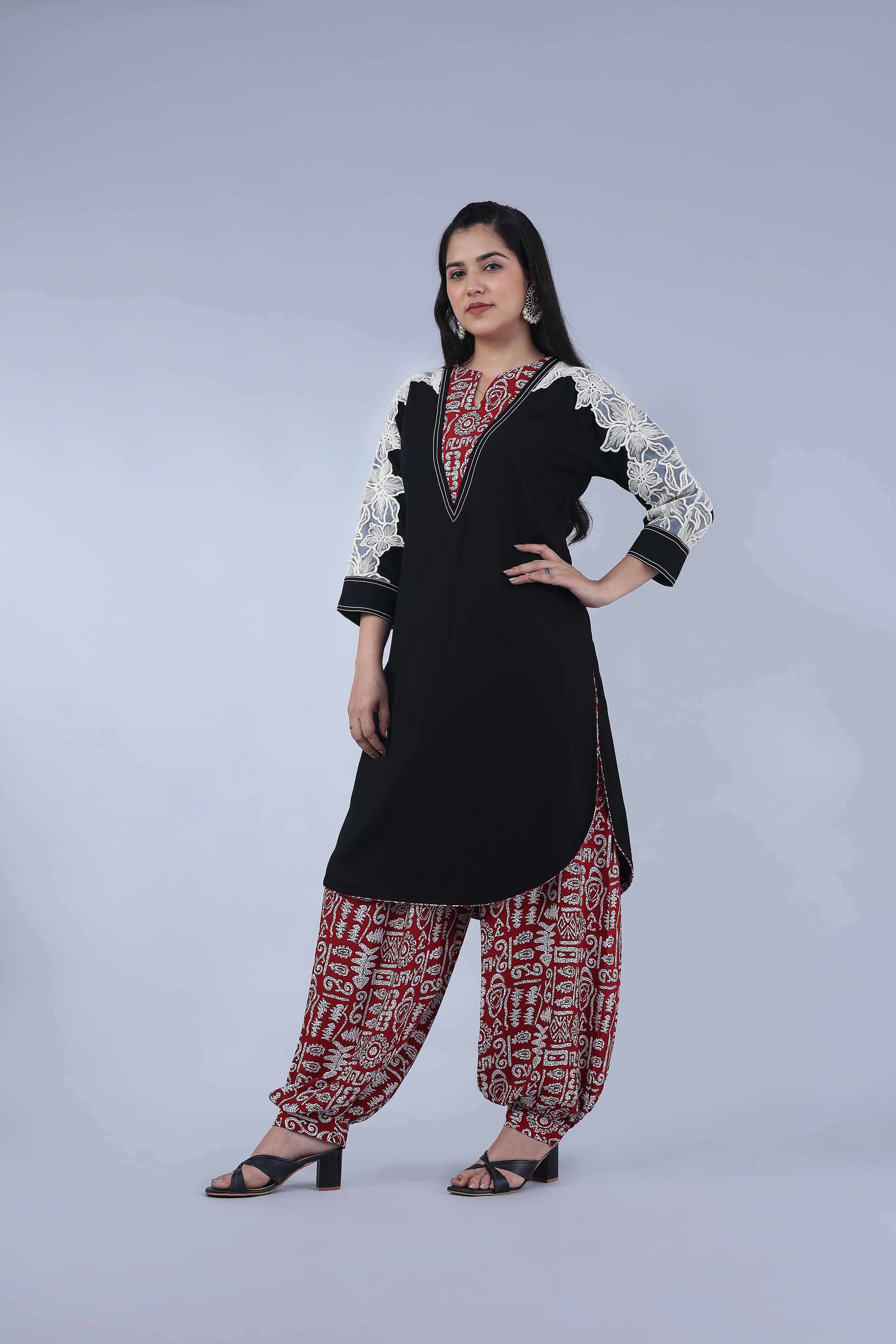 Black Lace Kurta with Printed Afghani Pants