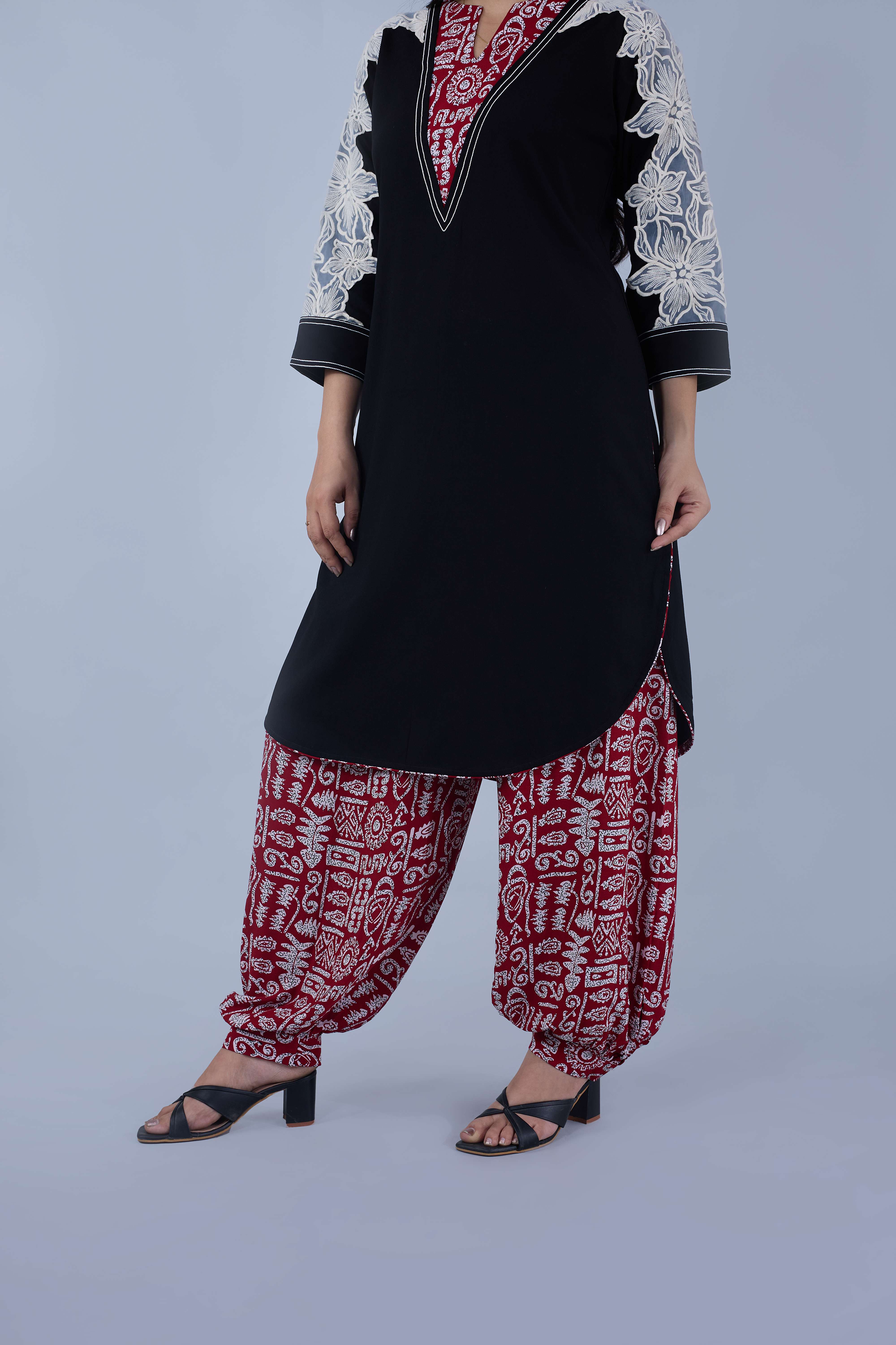 Black Lace Kurta with Printed Afghani Pants