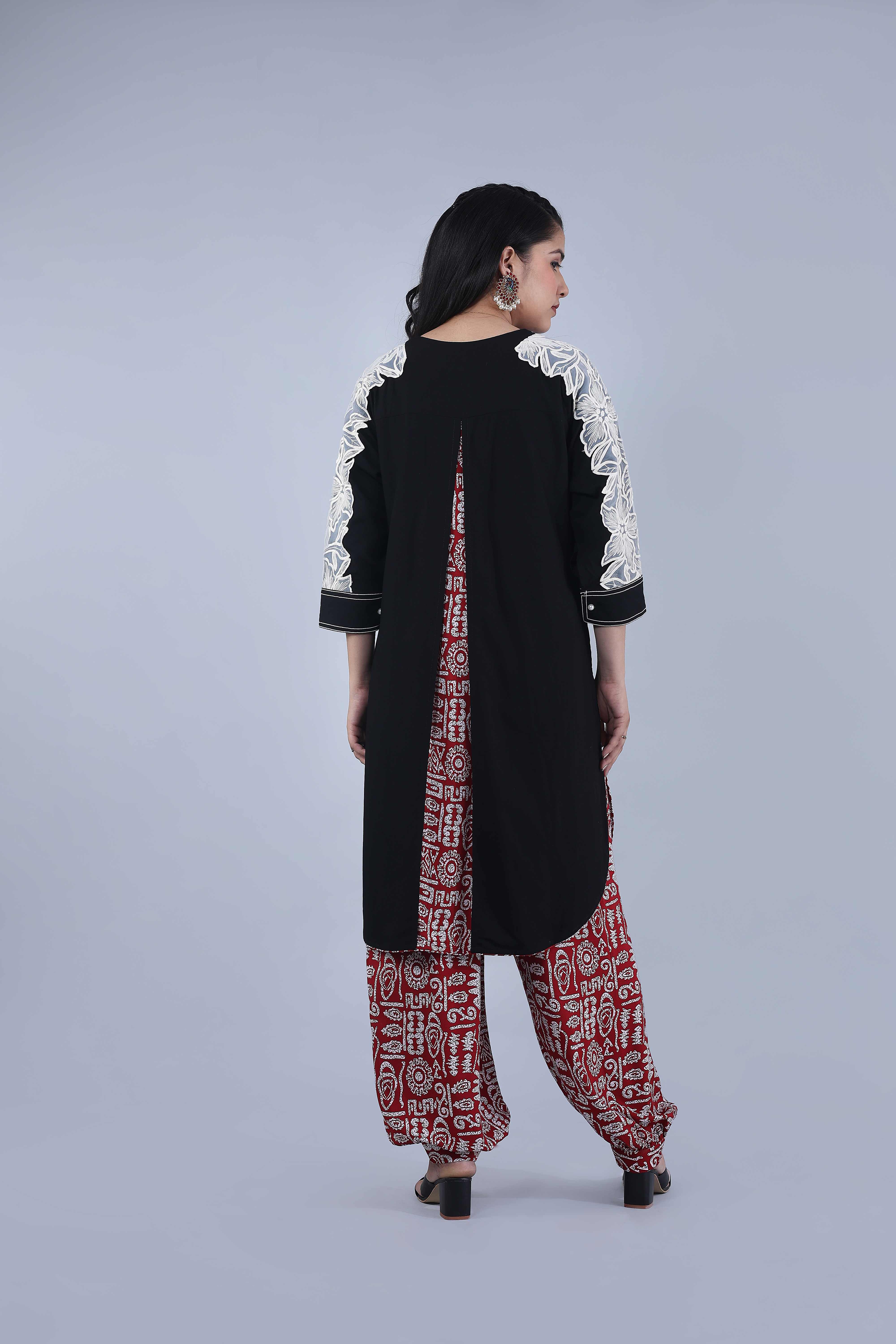 Black Lace Kurta with Printed Afghani Pants