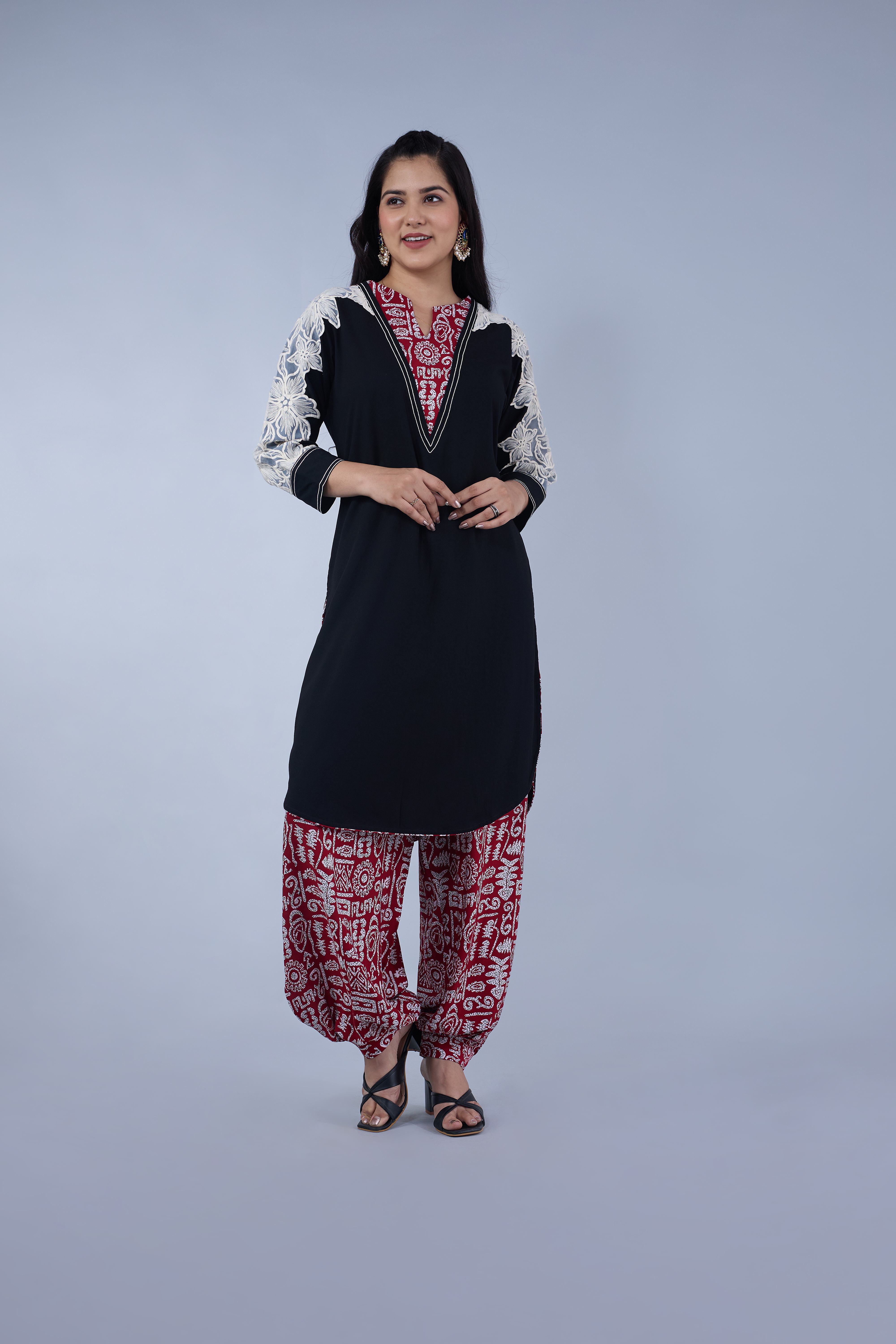 Black Lace Kurta with Printed Afghani Pants