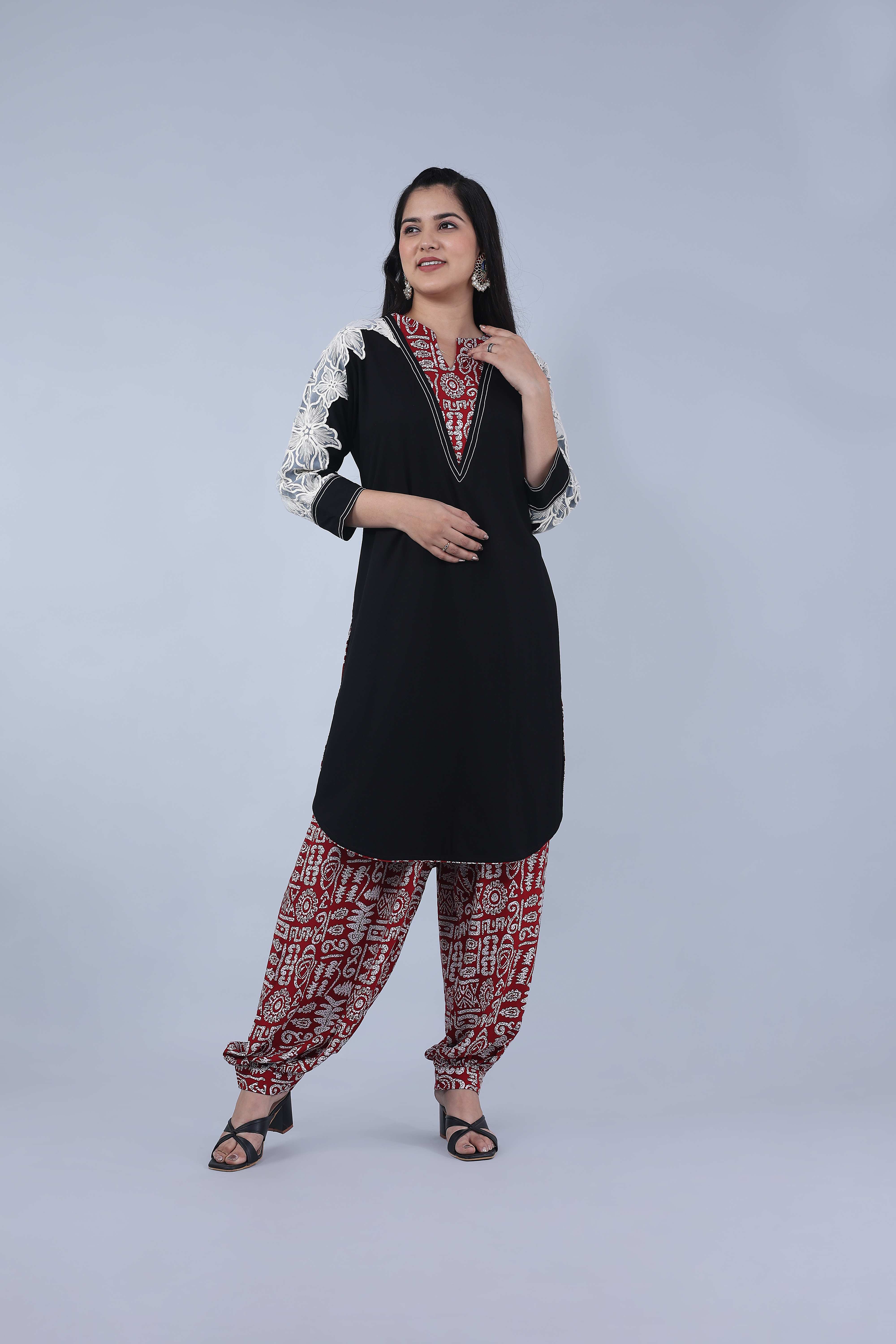 Black Lace Kurta with Printed Afghani Pants