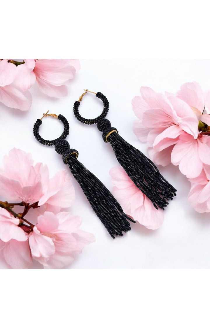 Elegant Black Beaded Hoop Earrings with Tassel Detail