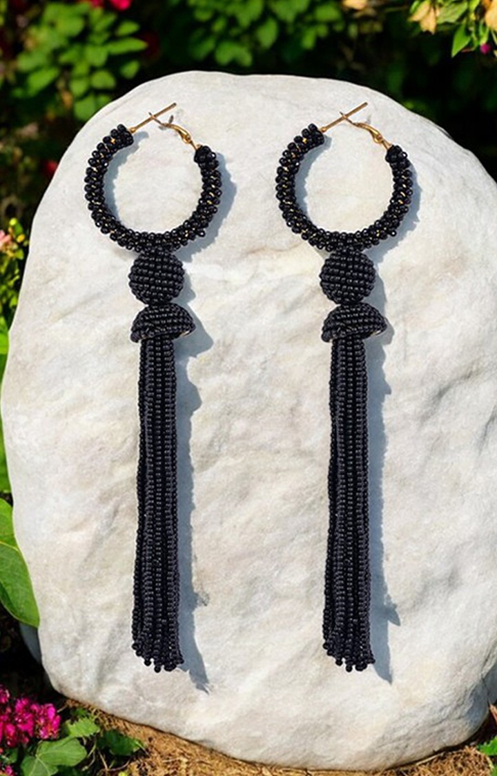 Elegant Black Beaded Hoop Earrings with Tassel Detail