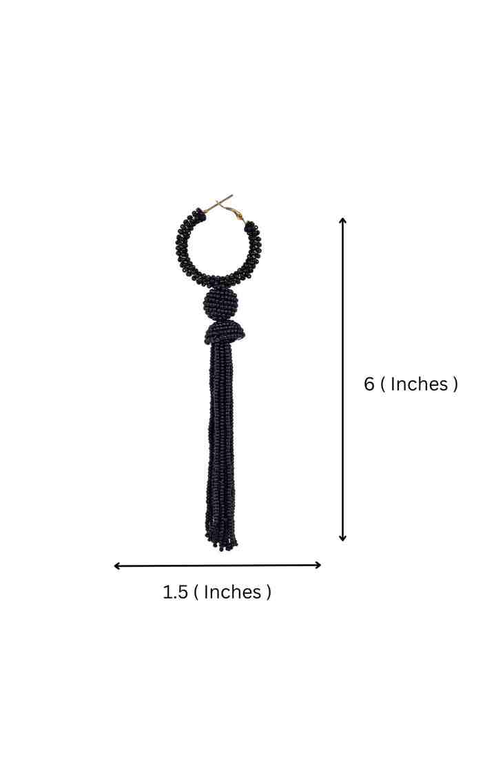 Elegant Black Beaded Hoop Earrings with Tassel Detail