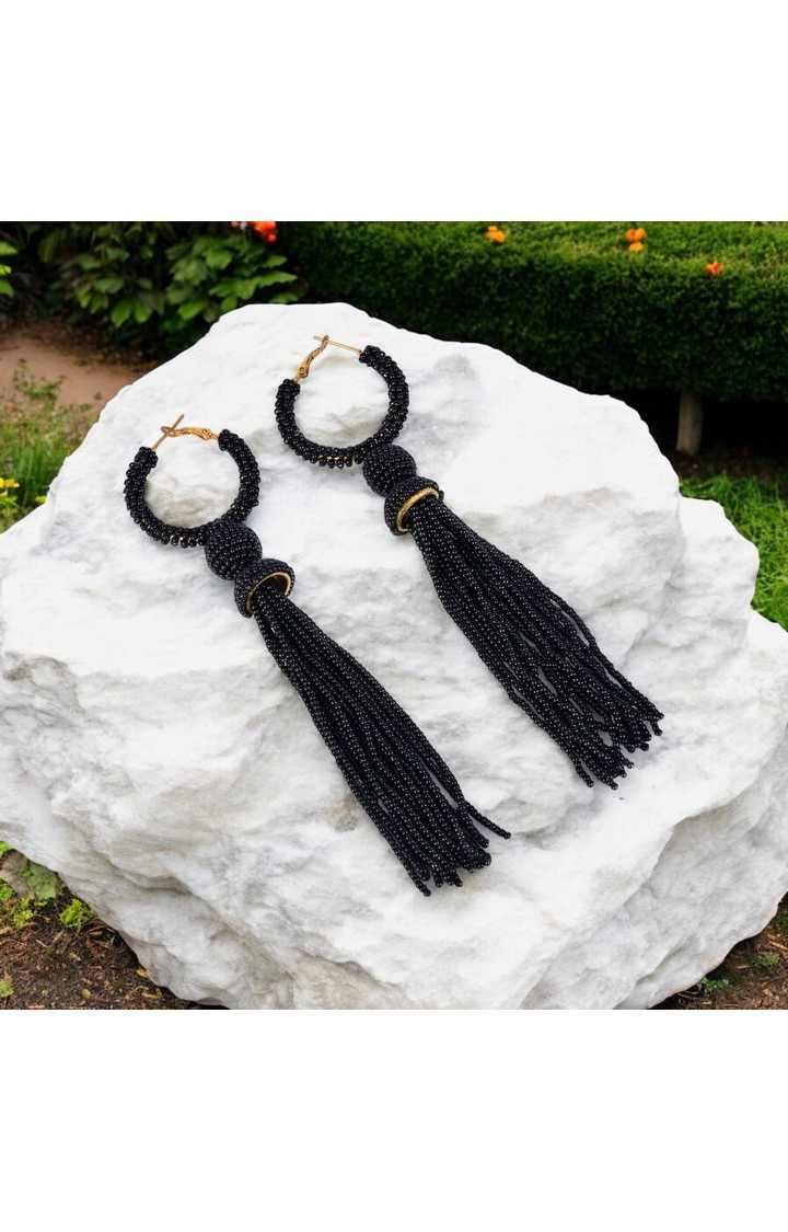 Elegant Black Beaded Hoop Earrings with Tassel Detail