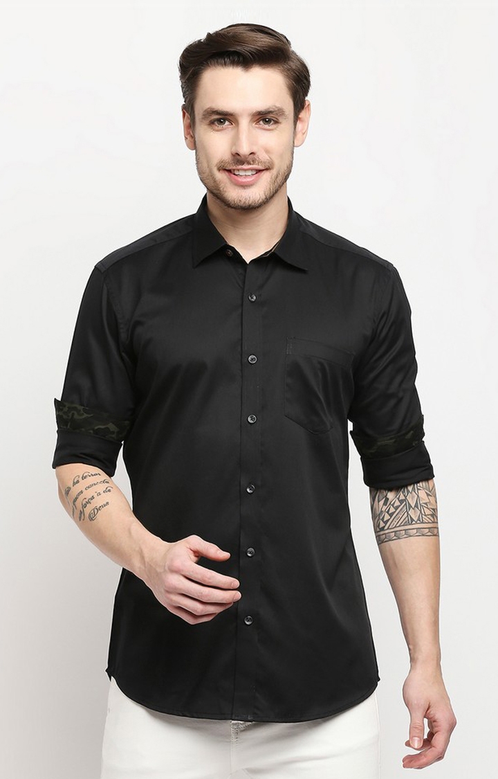 EVOQ | Evoq Solid Black Shirt with a Fashionable Twist for Men 0