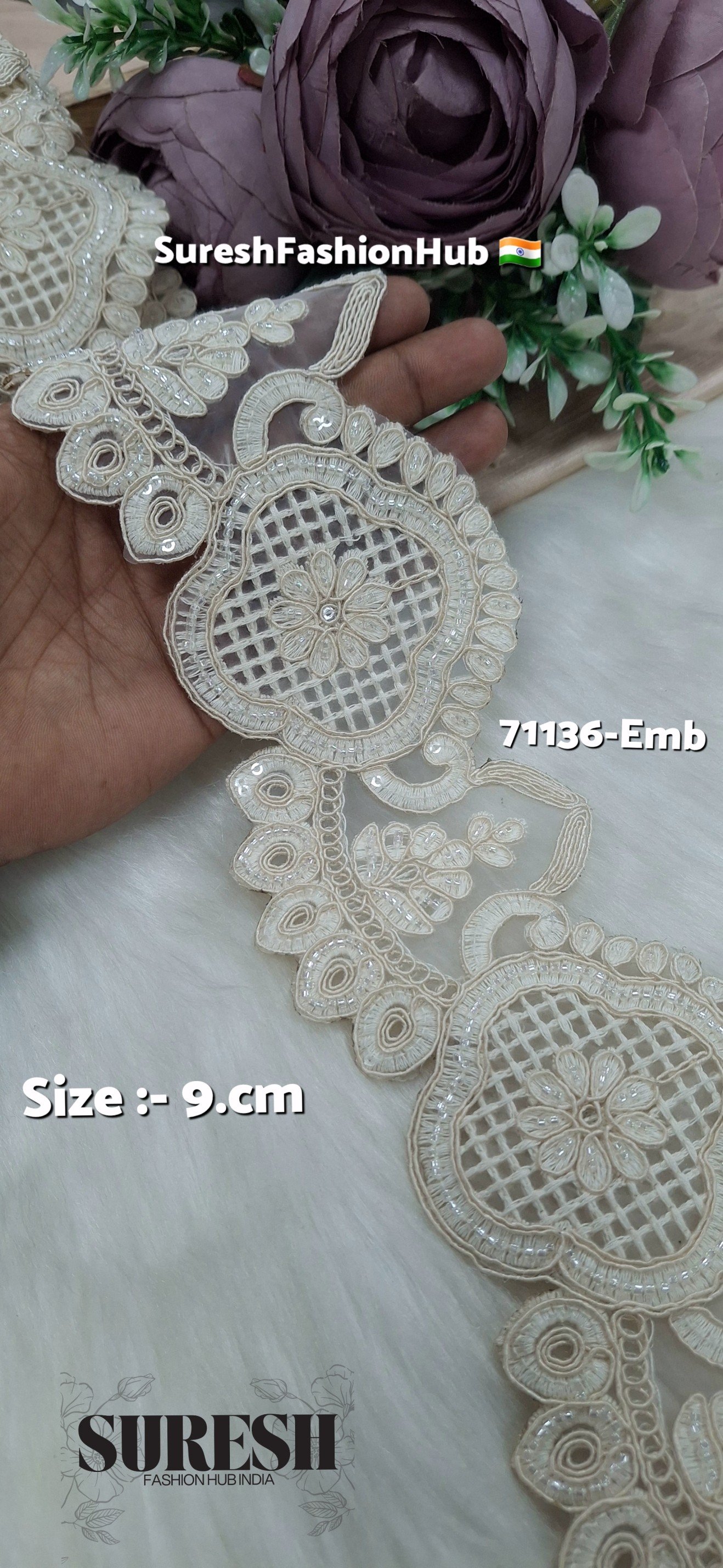 Ivory Luxe Bloom Cutwork Lace with Beads – Off-White | 71136-Emb