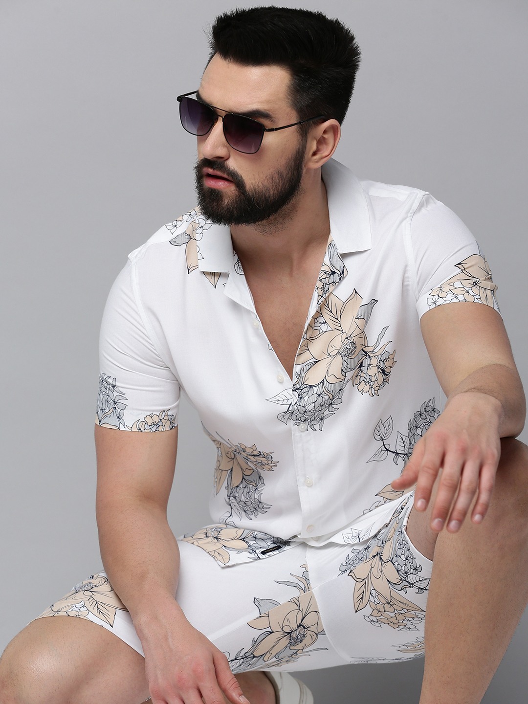 SHOWOFF Men's Shirt Collar Short Sleeves Printed White Co-Ords Set