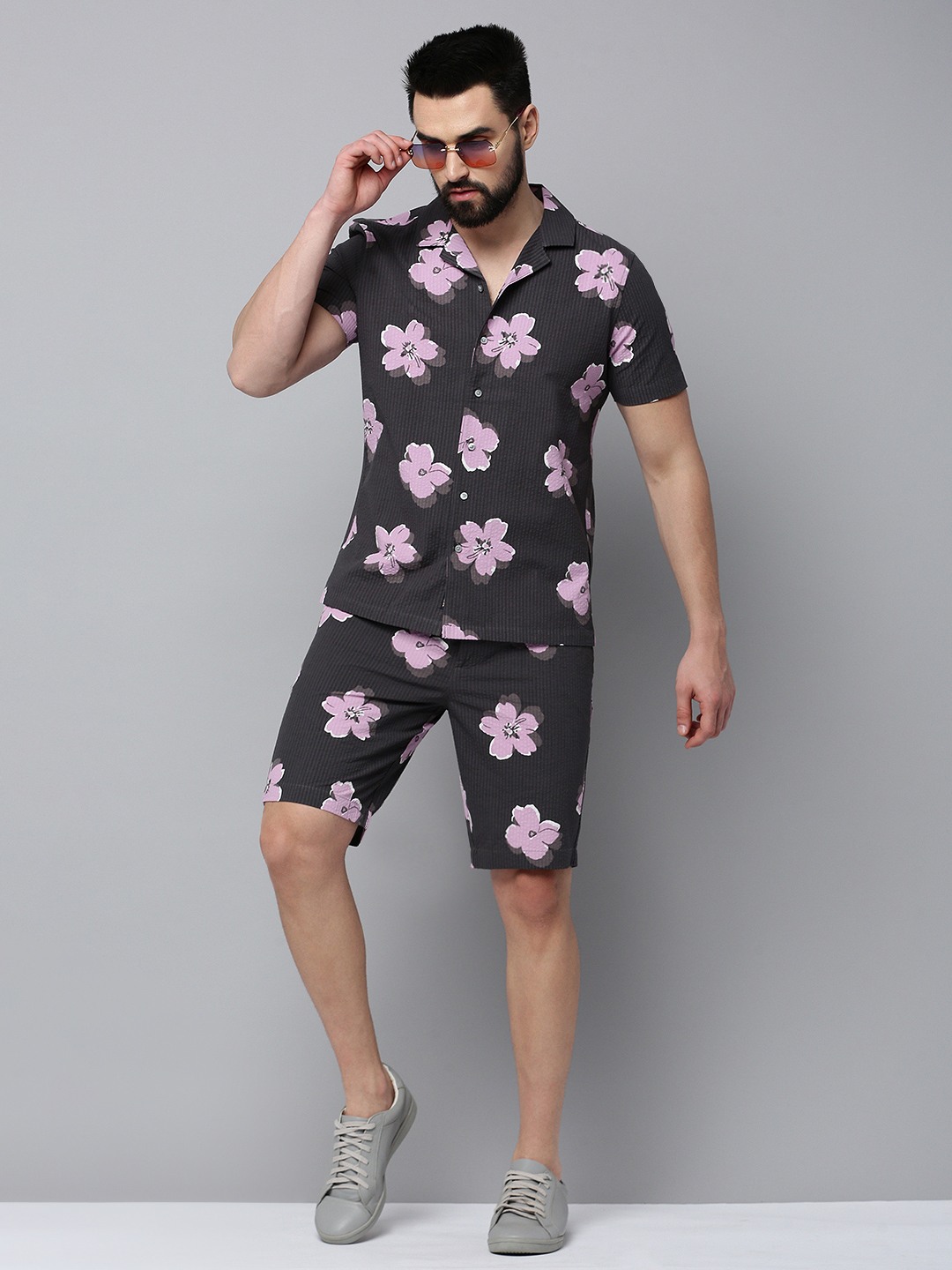 SHOWOFF Men's Shirt Collar Short Sleeves Printed Grey Co-Ords Set