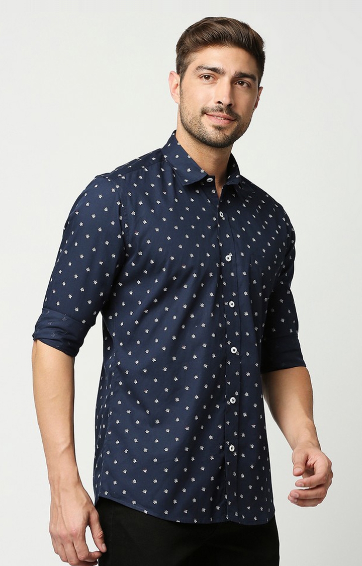 EVOQ | EVOQ's Blue Micro Floral Printed Full Sleeves Cotton Casual Shirt for Men 2