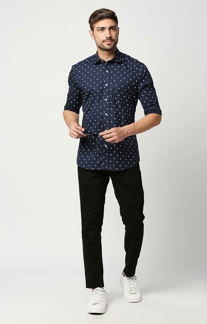 EVOQ | EVOQ's Blue Micro Floral Printed Full Sleeves Cotton Casual Shirt for Men 1