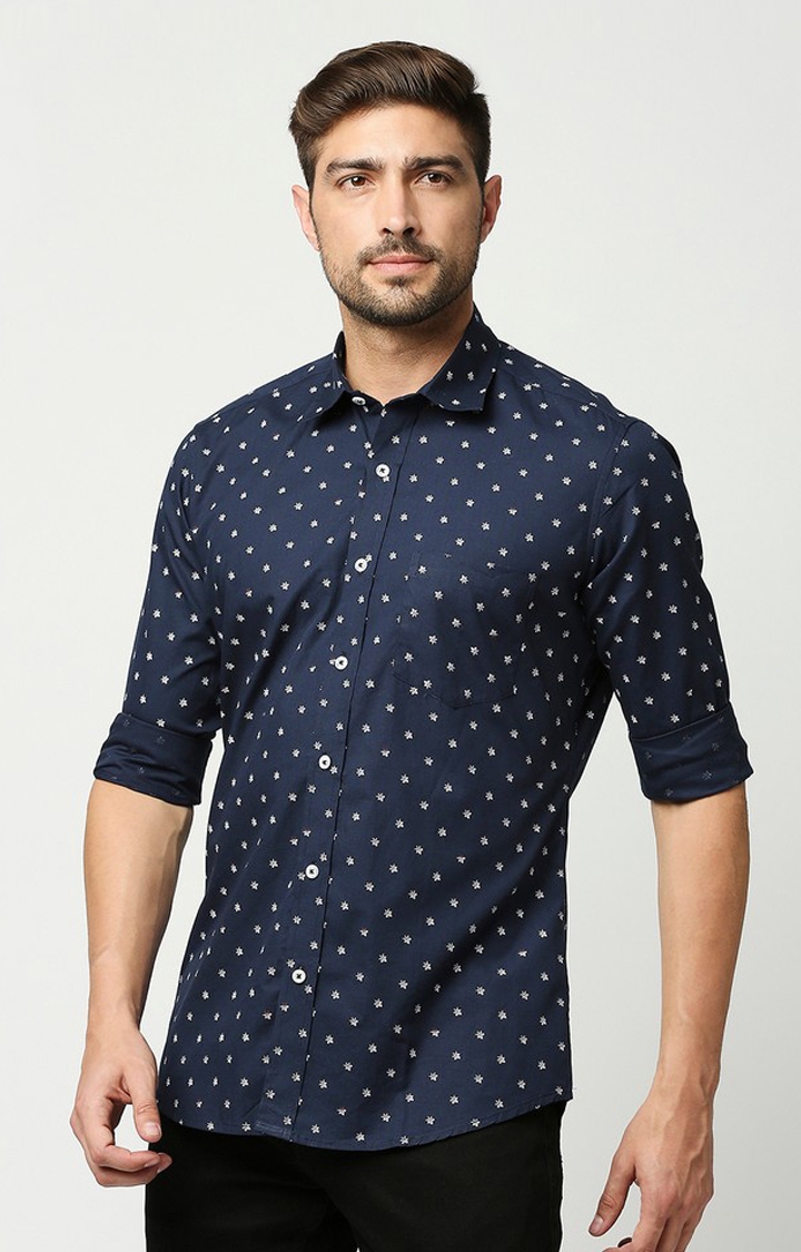 EVOQ | EVOQ's Blue Micro Floral Printed Full Sleeves Cotton Casual Shirt for Men 3