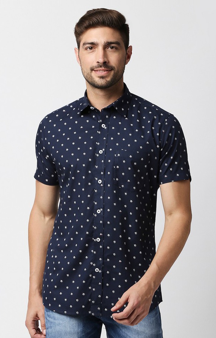 EVOQ's Blue Micro Floral Printed Half Sleeves Cotton Casual Shirt for Men