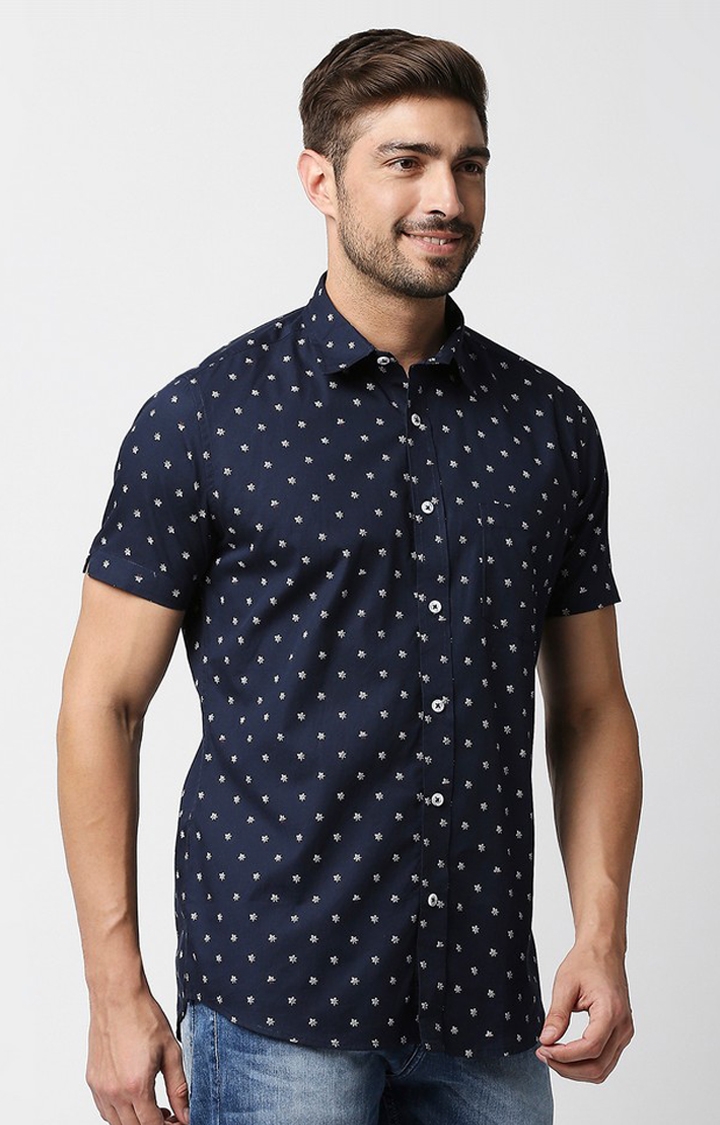 EVOQ | EVOQ's Blue Micro Floral Printed Half Sleeves Cotton Casual Shirt for Men 2
