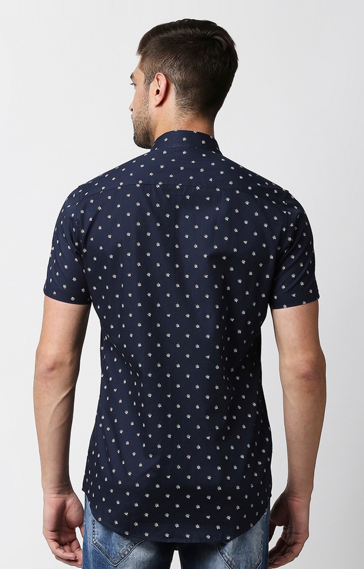 EVOQ | EVOQ's Blue Micro Floral Printed Half Sleeves Cotton Casual Shirt for Men 4