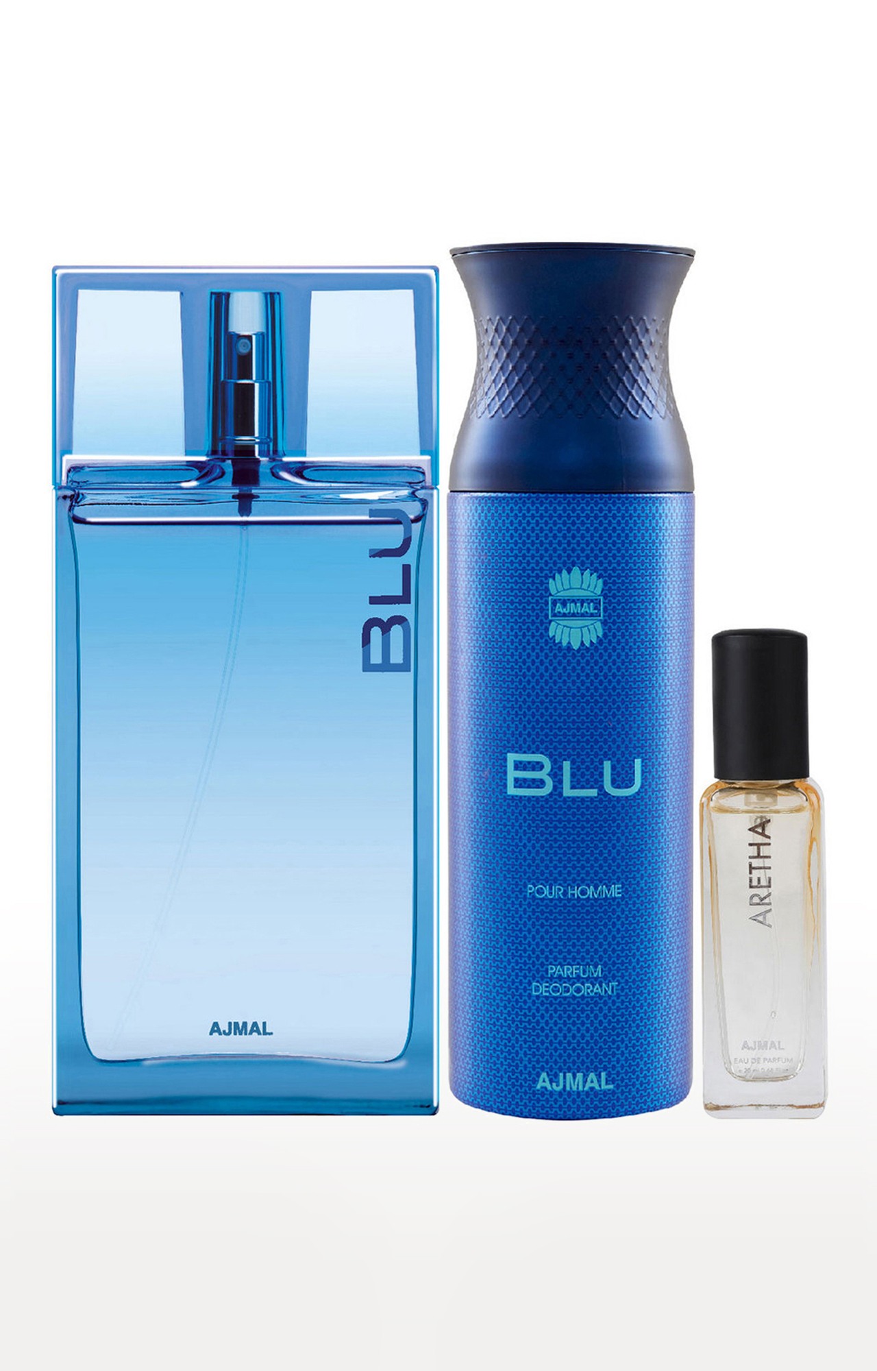 Ajmal Blu EDP 90ml and Blu Deo 200ml & Aretha EDP 20ML Pack of 3 (Total 310ML) for Men & Women 