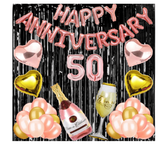 Blooms Mall | Blooms Mall 50 Rose Gold Foil Balloons with Happy Anniversary Decoration Items ( Pack of 55) 0