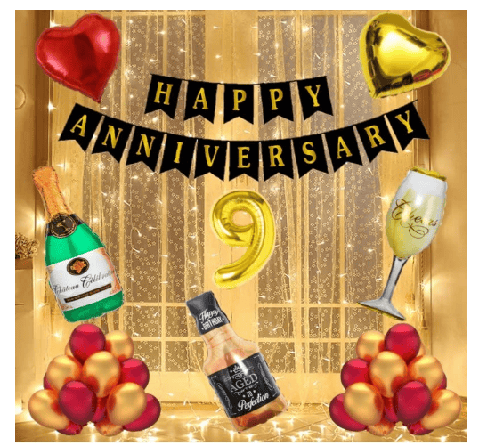 Blooms Mall | Blooms  Mall  1 set Happy Anniversary  Banner (Black   Color), ),9 No. Foil Number Golden + Green Champagne + 1 pc Aged to Perfection 1 Whiskey Champagne Foil Balloon  0
